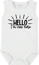 Baby Rompertje met tekst 'Hello, i'm new here' | mouwloos l | wit zwart | maat 62/68 | cadeau | Kraamcadeau | Kraamkado