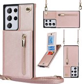 Geschikt Voor Samsung Galaxy S21 Ultra Hoesje Met Koord - Solidenz Portemonnee Hoes S21 Ultra - Telefoonhoesje Met Koord S21 Ultra - Wallet Case - Cover Hoes Met Koordje - Rosegoud