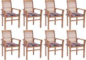 Decoways - Eetkamerstoelen 8 st met rood geruite kussens massief teakhout