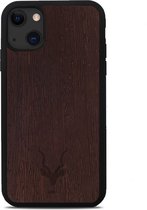 Etui pour iPhone 13 Kudu - Coque arrière en bois - Fabriquée à la Handgemaakt et finie avec du TPU durable - Wengé - Zwart