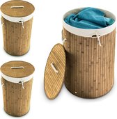 Relaxdays 3x wasmand bamboe - wasbox met deksel - 70 liter - rond - 65 x 41 cm - natuur