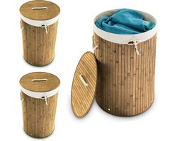 3x wasmand bamboe - wasbox met deksel - 70 liter - rond - 65 x 41 cm - natuur