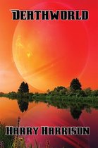 Boekcover met de titel DEATHWORLD van Harry Harrison. Een rode planeet boven een waterlandschap.