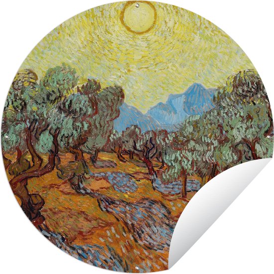 Tuincirkel Olijfbomen met gele hemel en zon - Schilderij van Vincent van Gogh - 60x60 cm - Ronde Tuinposter - Buiten