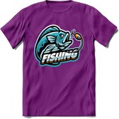 Fishing - Vissen T-Shirt | Grappig Verjaardag Vis Hobby Cadeau Shirt | Dames - Heren - Unisex | Tshirt Hengelsport Kleding Kado - Paars - XL