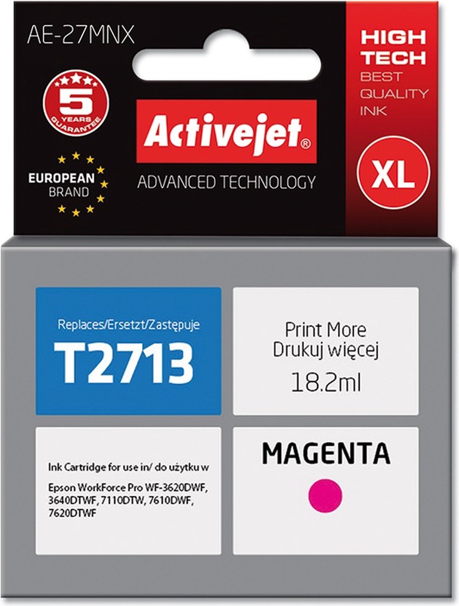 ActiveJet AE-27MNX-inkt voor Epson-printer, Epson 27XL T2713 Vervanging; Opperste; 18 ml; magenta.