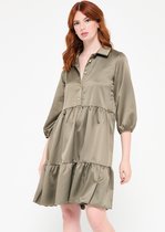 LOLALIZA Satijnen overhemd jurk met knopen - Khaki - Maat 46