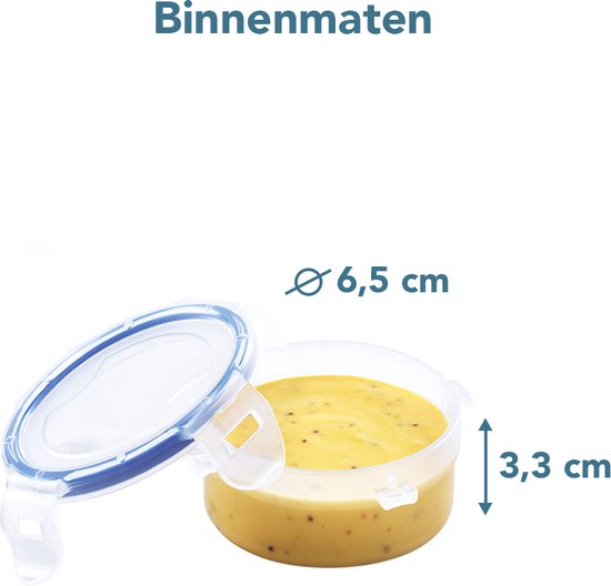 Boîte de conservation ronde transparente remplie de sauce jaune, avec des dimensions indiquées de 6,5 cm de diamètre et 3,3 cm de hauteur.