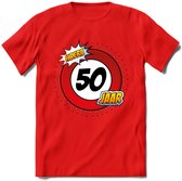 50 Jaar Hoera Verkeersbord T-Shirt | Grappig Abraham Verjaardag Cadeau | Dames - Heren | - Rood - L