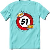 51 Jaar Hoera Verkeersbord T-Shirt | Grappig Verjaardag Cadeau | Dames - Heren | - Licht Blauw - XXL