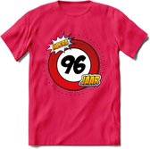 96 Jaar Hoera Verkeersbord T-Shirt | Grappig Verjaardag Cadeau | Dames - Heren | - Roze - XXL