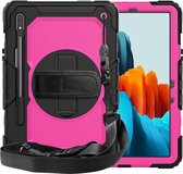 Geschikt Voor: Samsung Tab S7 11.0 T870 Tablet Kids case - Armor Case - Schermbeschermer - ShockProof - Handstrap - met Schouderband - Roze / Zwart - ZT Accessoires