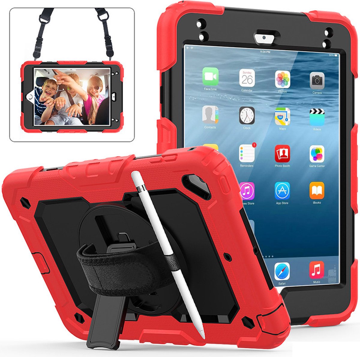 Tablethoes Geschikt voor: iPad Mini 4 / 5 Tablet Kids case - Armor Case - Schermbeschermer - ShockProof - Handstrap - met Schouderband - Zwart / Rood - ZT Accessoires