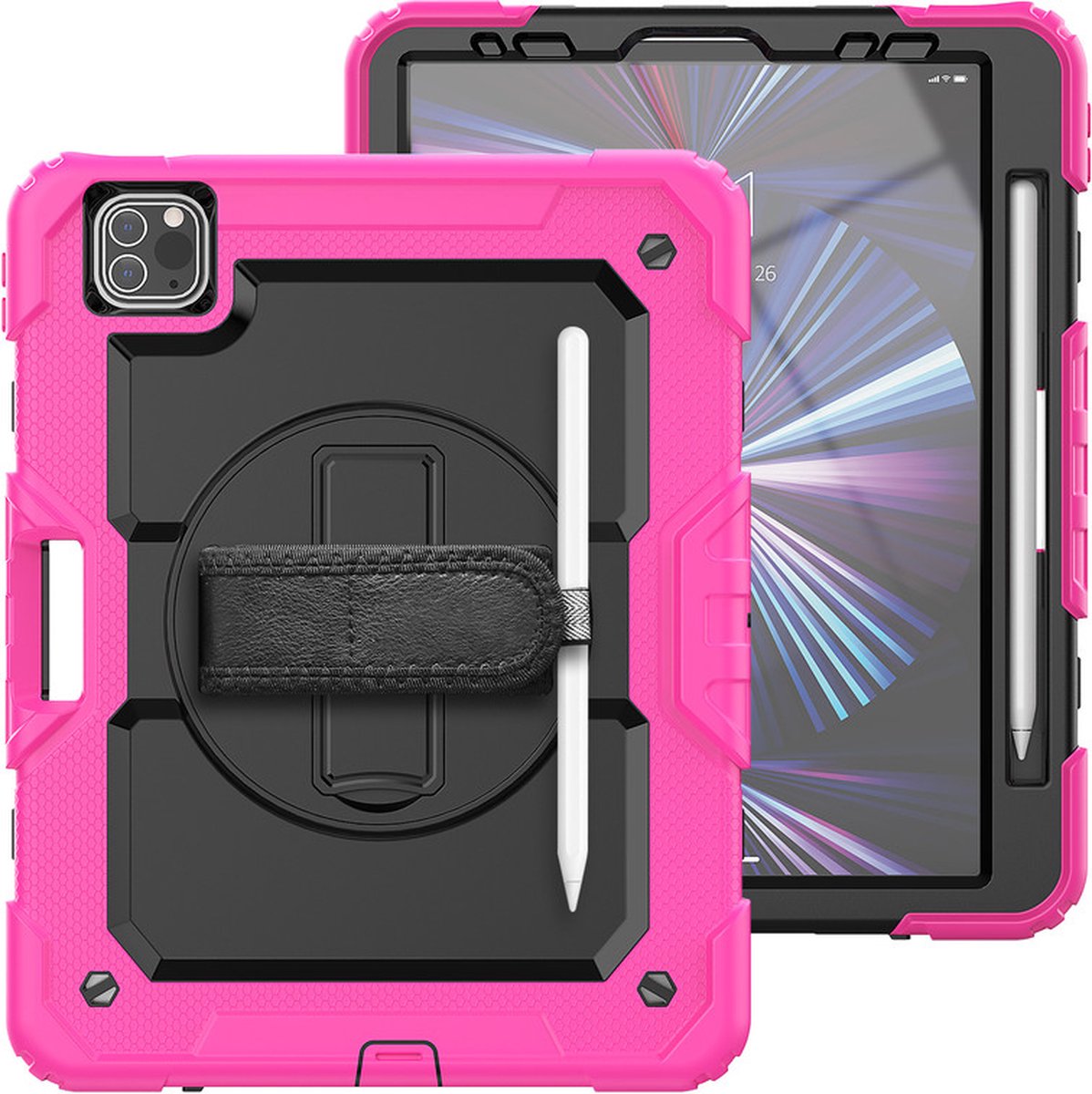 iPad Pro 11 (2018 / 2020 / 2021) / Air 4 Tablet Kids case - Armor Case - Schermbeschermer - ShockProof - Handstrap - met Schouderband - Zwart / Roze - ZT Accessoires