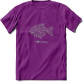 I Love Fishing - Vissen T-Shirt | Grijs | Grappig Verjaardag Vis Hobby Cadeau Shirt | Dames - Heren - Unisex | Tshirt Hengelsport Kleding Kado - Paars - S