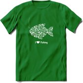 I Love Fishing - Vissen T-Shirt | Wit | Grappig Verjaardag Vis Hobby Cadeau Shirt | Dames - Heren - Unisex | Tshirt Hengelsport Kleding Kado - Donker Groen - XXL