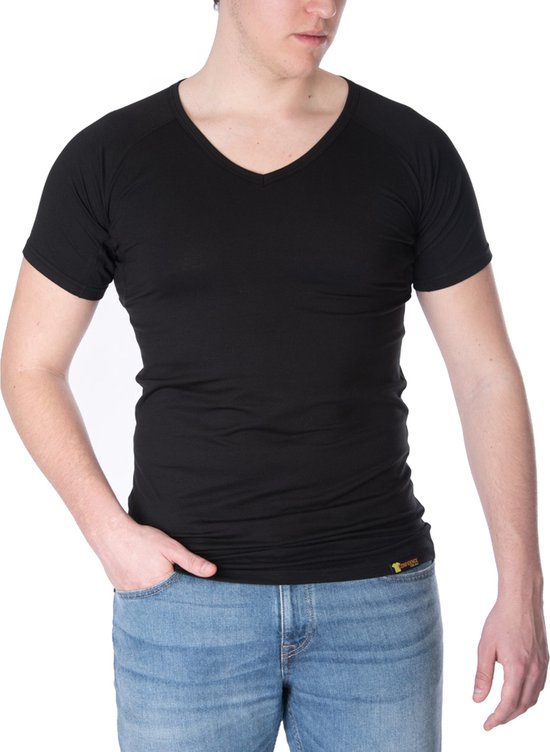 ConfidenceForAll® Heren Premium Anti Zweet Shirt met Ingenaaide Okselpads - Zijdezacht Modal en Verkoelend Katoen - Maat S V-hals Zwart