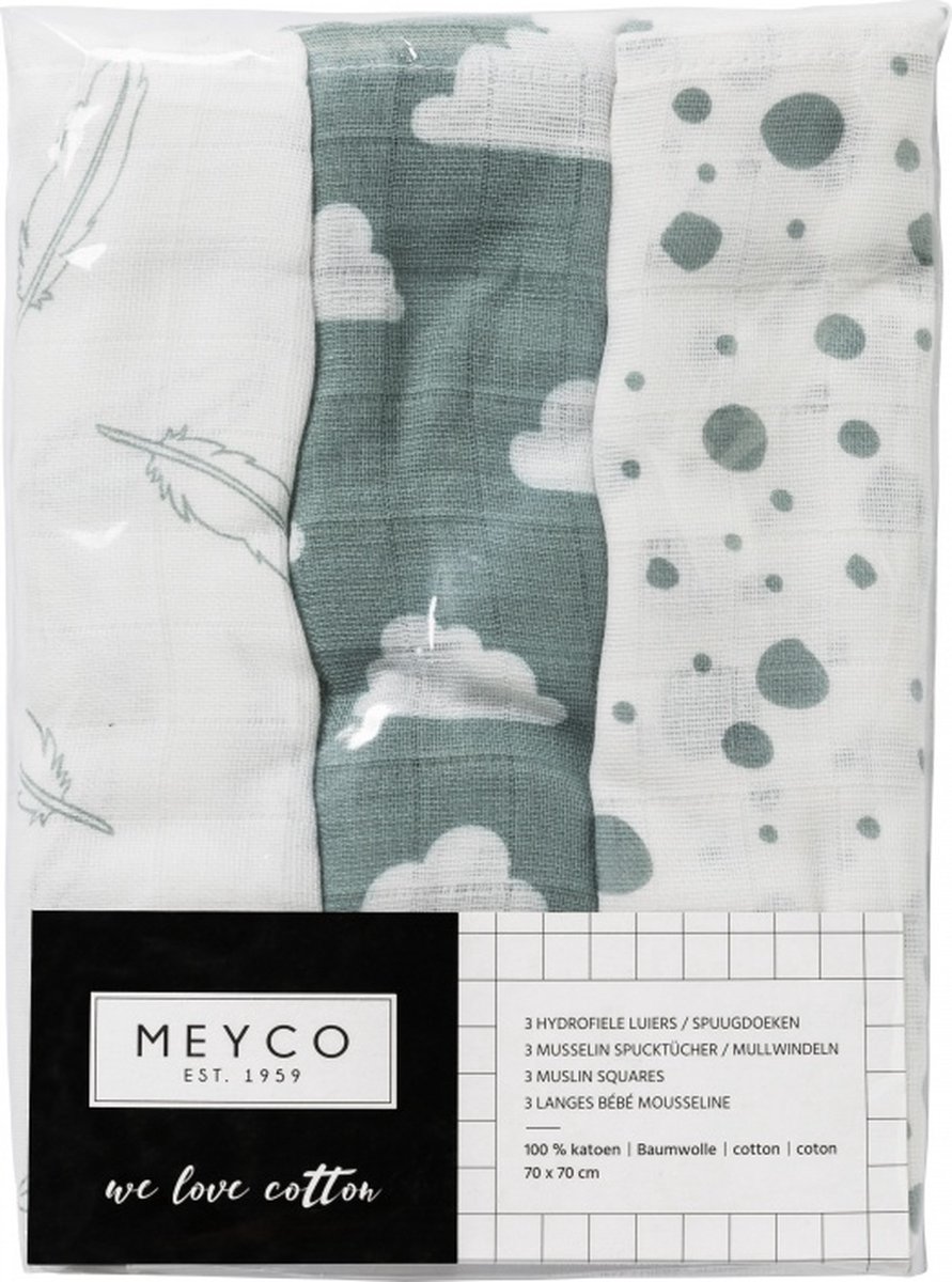 Meyco Clouds/Dots/Feathers hydrofiele doeken - 3-pack - stone green - 70x70cm