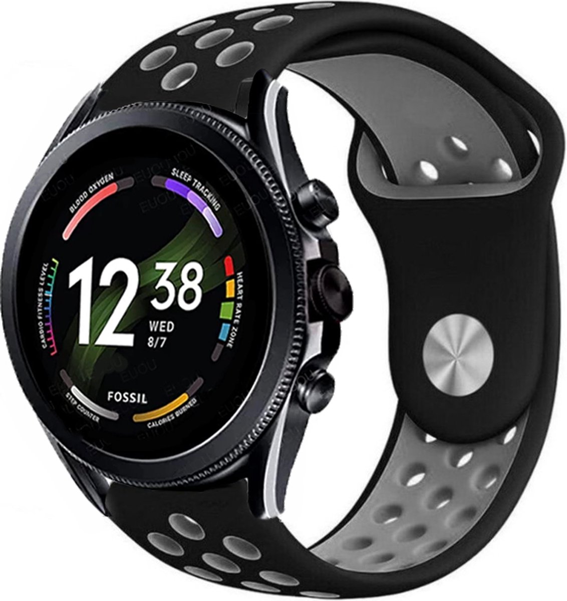 Strap-it Siliconen sport bandje - geschikt voor Fossil Gen 6 44mm / Gen 5 / Gen 5e 44mm - zwart/grijs