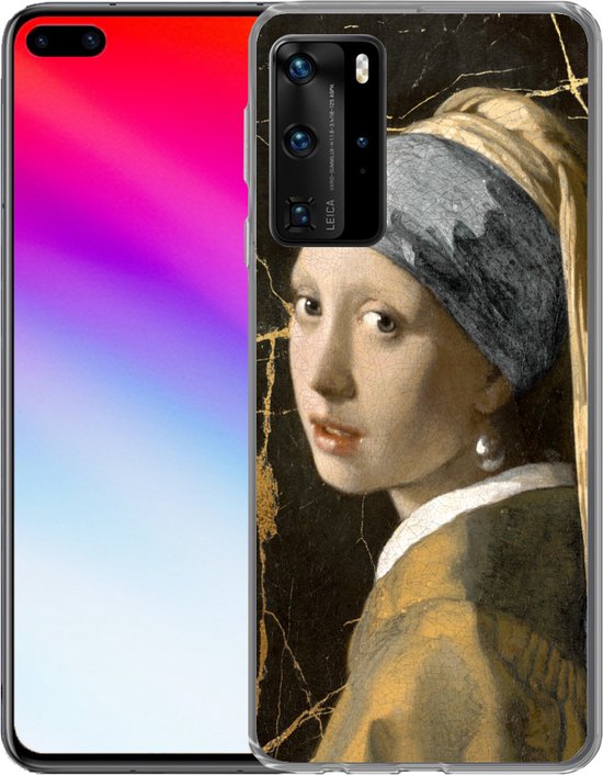 Telefoonhoesje Geschikt voor Huawei P40 Pro hoesje - Meisje met de parel - Marmer print - Goud - Siliconen Telefoonhoesje Telefoonhoesje
