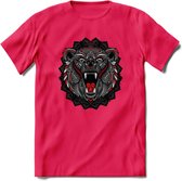 Beer - Dieren Mandala T-Shirt | Rood | Grappig Verjaardag Zentangle Dierenkop Cadeau Shirt | Dames - Heren - Unisex | Wildlife Tshirt Kleding Kado | - Roze - XXL