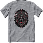 Leeuw - Dieren Mandala T-Shirt | Rood | Grappig Verjaardag Zentangle Dierenkop Cadeau Shirt | Dames - Heren - Unisex | Wildlife Tshirt Kleding Kado | - Donker Grijs - Gemaleerd - M