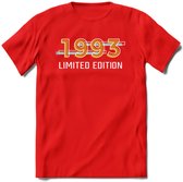 1993 Limited Edition T-Shirt | Goud - Zilver | Grappig Verjaardag en Feest Cadeau Shirt | Dames - Heren - Unisex | Tshirt Kleding Kado | - Rood - M