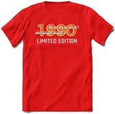 1990 Limited Edition T-Shirt | Goud - Zilver | Grappig Verjaardag en Feest Cadeau Shirt | Dames - Heren - Unisex | Tshirt Kleding Kado | - Rood - XL