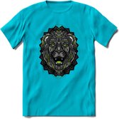 Leeuw - Dieren Mandala T-Shirt | Groen | Grappig Verjaardag Zentangle Dierenkop Cadeau Shirt | Dames - Heren - Unisex | Wildlife Tshirt Kleding Kado | - Blauw - XXL
