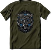 Wolf - Dieren Mandala T-Shirt | Blauw | Grappig Verjaardag Zentangle Dierenkop Cadeau Shirt | Dames - Heren - Unisex | Wildlife Tshirt Kleding Kado | - Leger Groen - XL