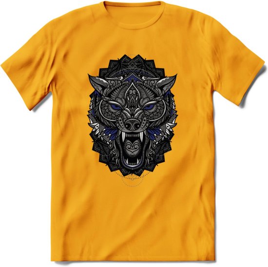 Wolf - Dieren Mandala T-Shirt | Donkerblauw | Grappig Verjaardag Zentangle Dierenkop Cadeau Shirt | Dames - Heren - Unisex | Wildlife Tshirt Kleding Kado | - Geel - XXL