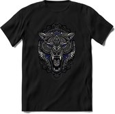 Wolf - Dieren Mandala T-Shirt | Donkerblauw | Grappig Verjaardag Zentangle Dierenkop Cadeau Shirt | Dames - Heren - Unisex | Wildlife Tshirt Kleding Kado | - Zwart - L