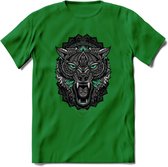 Wolf - Dieren Mandala T-Shirt | Aqua | Grappig Verjaardag Zentangle Dierenkop Cadeau Shirt | Dames - Heren - Unisex | Wildlife Tshirt Kleding Kado | - Donker Groen - XXL