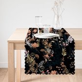 Bedrukt Velvet textiel Tafelloper 45x135 - Bloemen op zwart - Fluweel - Runner