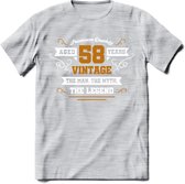 58 Jaar Legend T-Shirt | Goud - Wit | Grappig Verjaardag en Feest Cadeau Shirt | Dames - Heren - Unisex | Tshirt Kleding Kado | - Licht Grijs - Gemaleerd - XXL