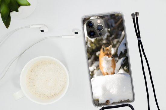 Telefoonhoesje Geschikt voor iPhone 12 pro crossbody - Vos - Sneeuw - Boom - Siliconen - Crossbody - Backcover met Koord - Telefoonhoesje met koord - Hoesje met touw Telefoonhoesje