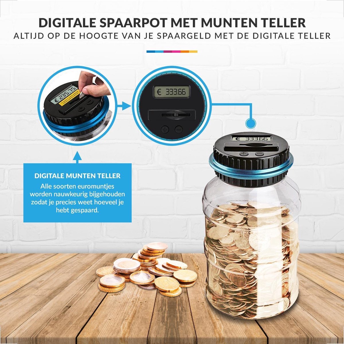 Tirelire numérique avec compteur de pièces - Adaptée aux pièces en Euro -  1,8 L 