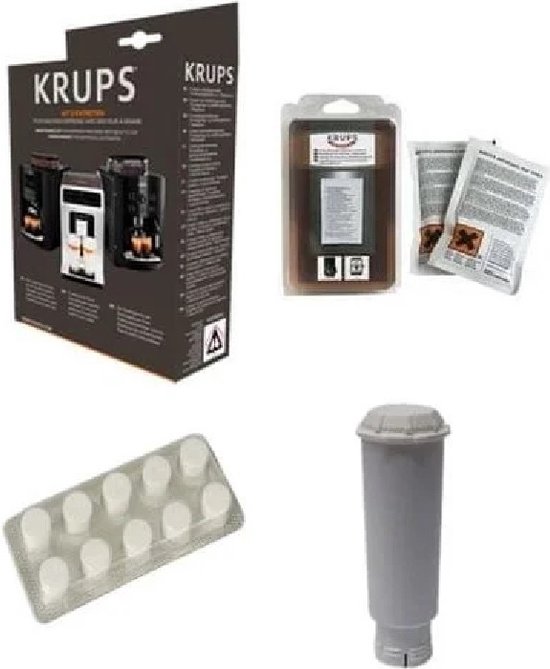 Krups onderhoudskit, bestaande uit een doos, verpakking met filter, twee zakjes en een blister met tabletten.