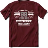 99 Jaar Legend T-Shirt | Zilver - Wit | Grappig Verjaardag en Feest Cadeau | Dames - Heren - Unisex | Kleding Kado | - Burgundy - M