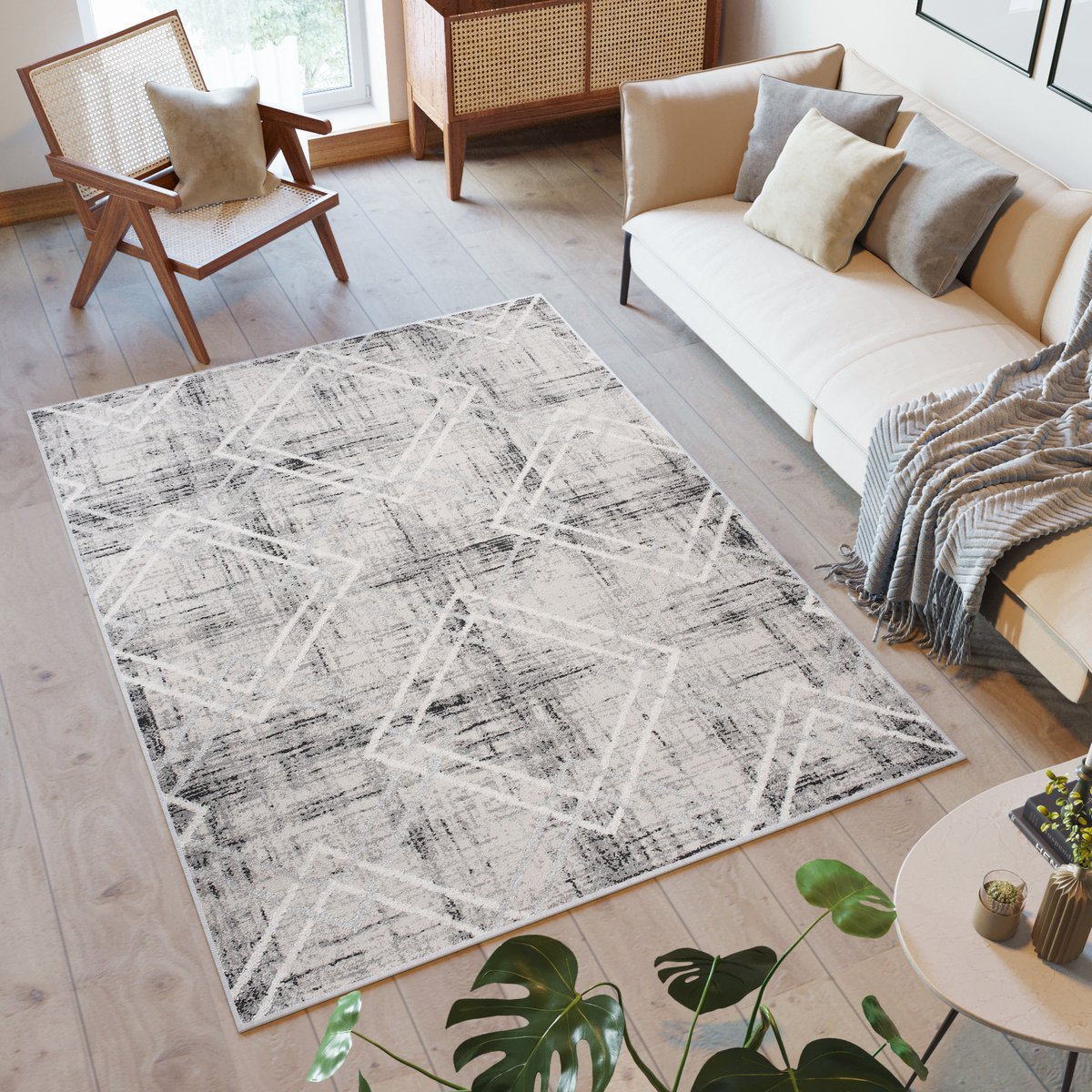 Tapiso Troya Vloerkleed Woonkamer Slaapkamer Licht Geometrische Vormen Stijlvol Design Eyecatcher Interieur Woonsfeer Modern Trendy Duurzaam Hoogwaardig Tapijt Maat - 120x170 Grijs Beige