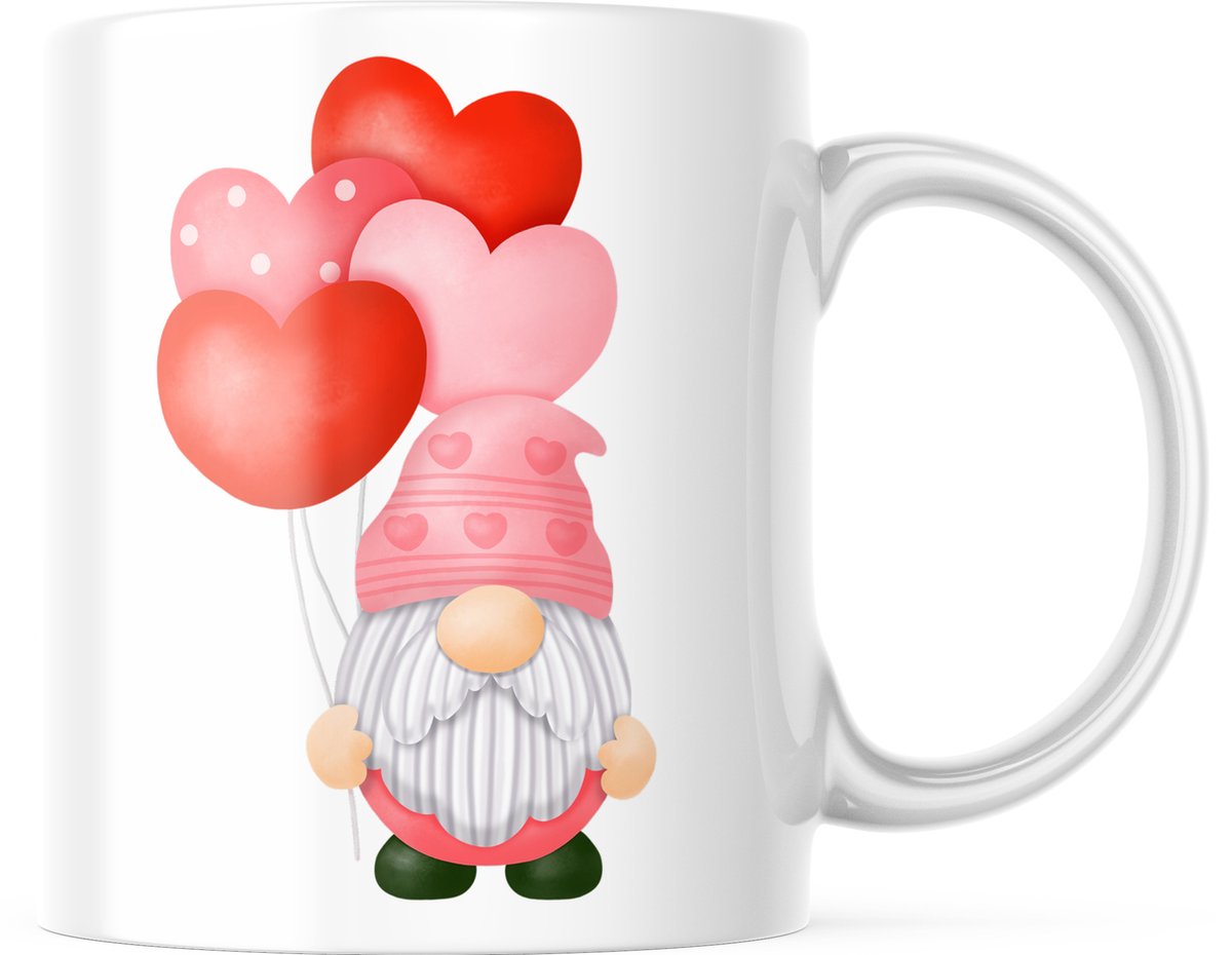 Valentijn Mok met tekst: Gnomes Love with balloons | Valentijn cadeau | Valentijn decoratie | Grappige Cadeaus | Koffiemok | Koffiebeker | Theemok | Theebeker