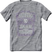 50 Jaar Legendarisch Gerijpt T-Shirt | Paars - Grijs | Grappig Verjaardag en Feest Cadeau Shirt | Dames - Heren - Unisex | Tshirt Kleding Kado | - Donker Grijs - Gemaleerd - L