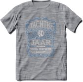80 Jaar Legendarisch Gerijpt T-Shirt | Blauw - Grijs | Grappig Verjaardag en Feest Cadeau Shirt | Dames - Heren - Unisex | Tshirt Kleding Kado | - Donker Grijs - Gemaleerd - XXL