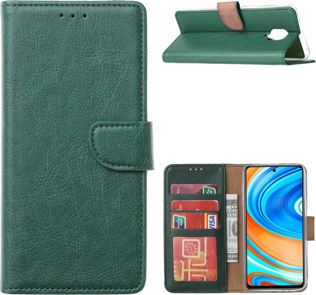 LuxeBass Hoesje geschikt voor Xiaomi Redmi Note 9 Pro / 9S - Bookcase Groen - portmonnee hoesje - bookcase - boekhoesje - book case - boek hoesje