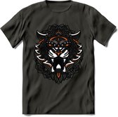 Tijger - Dieren Mandala T-Shirt | Oranje | Grappig Verjaardag Zentangle Dierenkop Cadeau Shirt | Dames - Heren - Unisex | Wildlife Tshirt Kleding Kado | - Donker Grijs - L