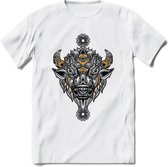 Bizon - Dieren Mandala T-Shirt | Geel | Grappig Verjaardag Zentangle Dierenkop Cadeau Shirt | Dames - Heren - Unisex | Wildlife Tshirt Kleding Kado | - Wit - XXL
