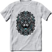 Leeuw - Dieren Mandala T-Shirt | Lichtblauw | Grappig Verjaardag Zentangle Dierenkop Cadeau Shirt | Dames - Heren - Unisex | Wildlife Tshirt Kleding Kado | - Licht Grijs - Gemaleerd - 3XL