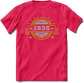 Premium Since 1935 T-Shirt | Zilver - Goud | Grappig Verjaardag en Feest Cadeau Shirt | Dames - Heren - Unisex | Tshirt Kleding Kado | - Roze - S
