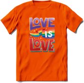 Love Is Love | Pride T-Shirt | Grappig LHBTIQ+ / LGBTQ / Gay / Homo / Lesbi Cadeau Shirt | Dames - Heren - Unisex | Tshirt Kleding Kado | - Oranje - XXL