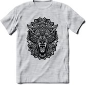 Wolf - Dieren Mandala T-Shirt | Grijs | Grappig Verjaardag Zentangle Dierenkop Cadeau Shirt | Dames - Heren - Unisex | Wildlife Tshirt Kleding Kado | - Licht Grijs - Gemaleerd - 3X